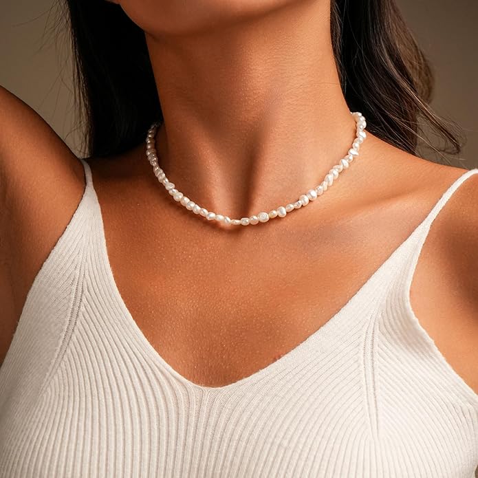 Natural Pearls Choker Necklace for Women Freshwater Baroque Pearl Strand Necklace Chain Cultured Baroque Pearl 18K Gold Plated & S925 Sterling Silver Clasp Choker