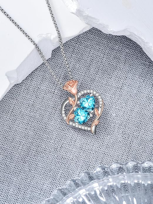 Christmas Gifts for Women Rose Heart Birthstone Pendant Necklace I Love You Forever Jewelry Valentine Mothers Day Birthday Gifts for Women Her Wife Girlfriend