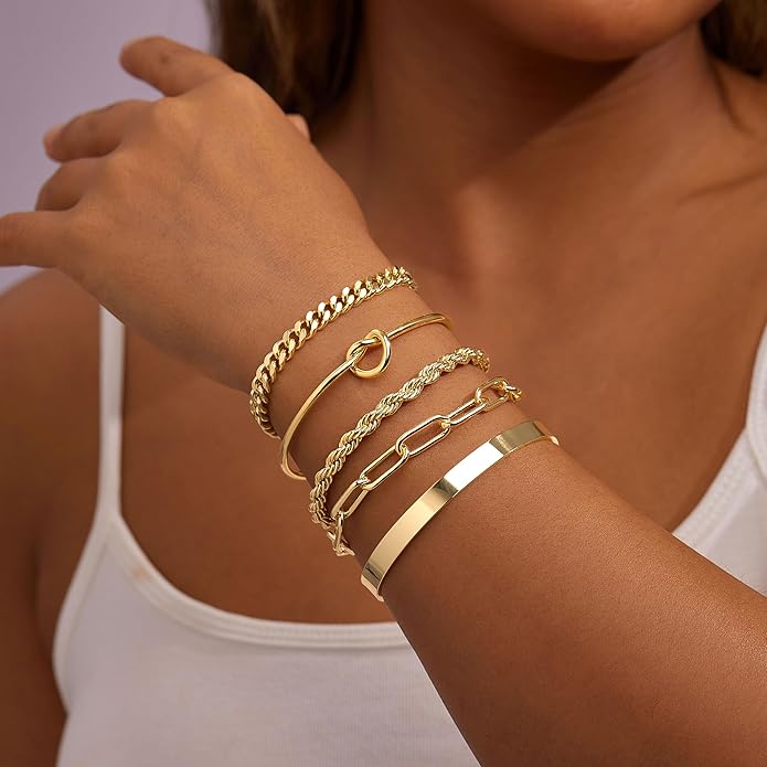 Gold Bracelets for Women Non Tarnish, 14K Gold Plated Chunky Cuff Bracelet Gold Bangles Bracelet for Women Trendy Tie Knot Cuban Rope Paperclip Beaded Bracelet Stack Jewelry Gifts
