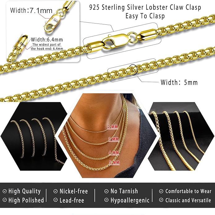 925 Sterling Silver Box Chain 2/3/4/5mm Necklace for Men Silver Link Chain for Women 16/18/20/22/24/26/30 Inches