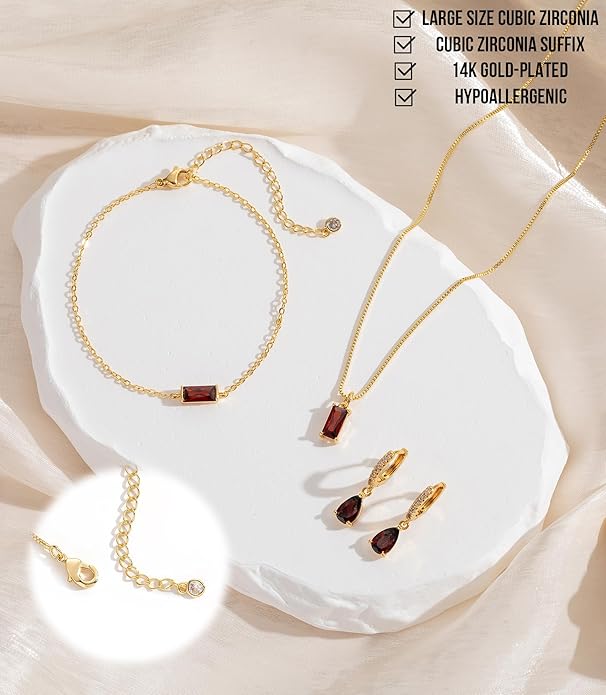 Birthstone 14K Gold Plated Bracelets Earrings Necklaces Jewelry Set， Blue Green May Cubic Zirconia，Friendship Bracelets Jewelry Gifts for Mom Best Friend Birthday