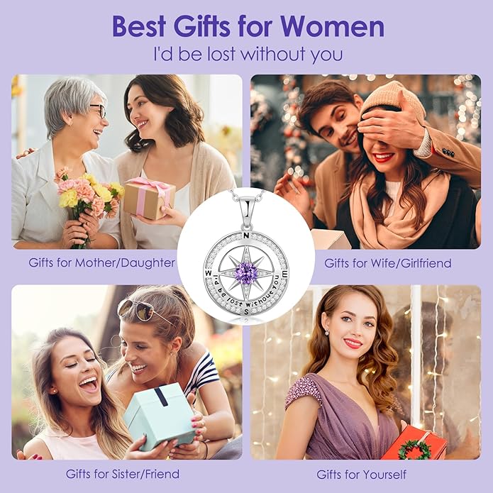 Zifeel Compass Necklace Gifts for Women wife - S925 Sterling Silver Birthstone Necklaces for Women - Anniversary Birthday Gifts for Her Wife Girlfriend - Valentines Mom Mothers Day Christmas Gifts Jewelry for Women