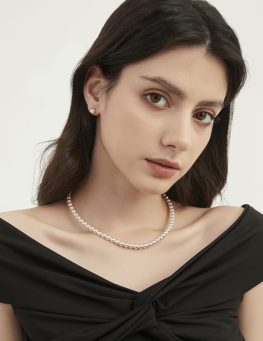 Mameloly Pearl Necklaces for Women Dainty 925 Sterling Silver 18K Gold Plated 6MM Simulated White Pearl Choker Necklace Strand for Her Engagement Wedding Birdal