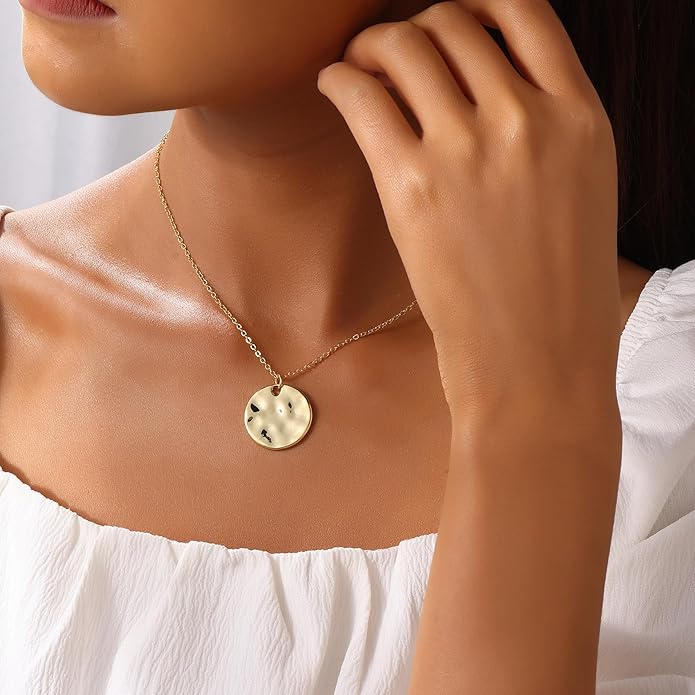Gold Pendant Necklaces for Women, Gold Plated Pendant Necklace, Fashionable Hammered Pendant Necklaces Simple Multiple Shapes Necklace for Women Unique Gift