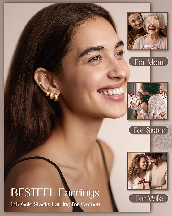 Hypoallergenic 14K Gold Plated Hoop Stud Earrings for Women Surgical Stainless Steel Flat Back Earrings Lightweight Small Chunky Huggie Hoops Cartilage Earring Stacks for Multiple Piercing Women Gifts