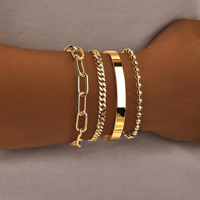 Silver Bracelets for Women Stack, Silver or Gold Plated Cuff Bangle Set, Trendy Silver Jewelry for Women Fashion