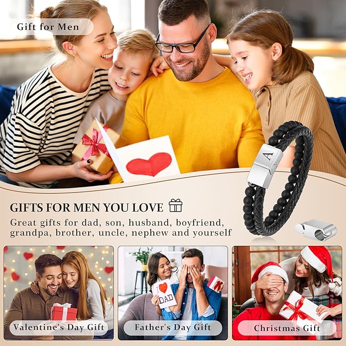 LUXEJEW Gifts for Men - Mens Bracelet, Beaded Leather Initial Bracelet 6mm Matte Agate Stone Handmade Bracelets Adjustable Stainless Steel Magnetic Clasp Mens Jewelry Gifts