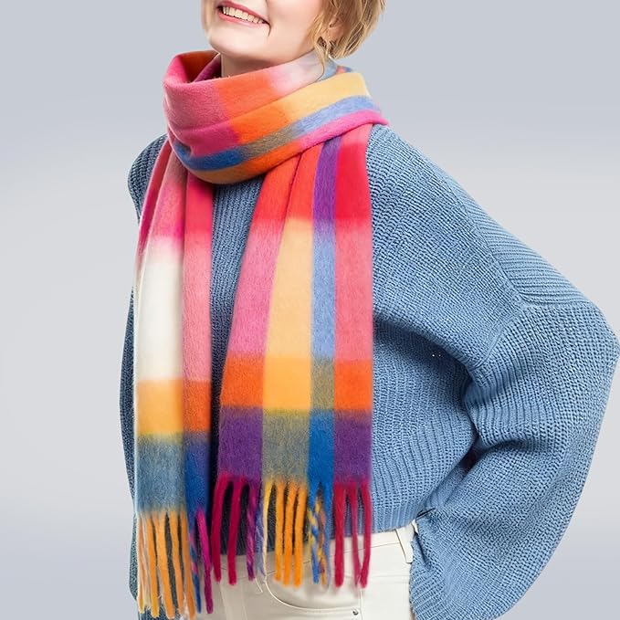 SHOHOKU Large Chunky Plaid Scarf Coloured Checked Oversized Scarf Tassel Soft Fall Winter Thick Warm Shawl Women