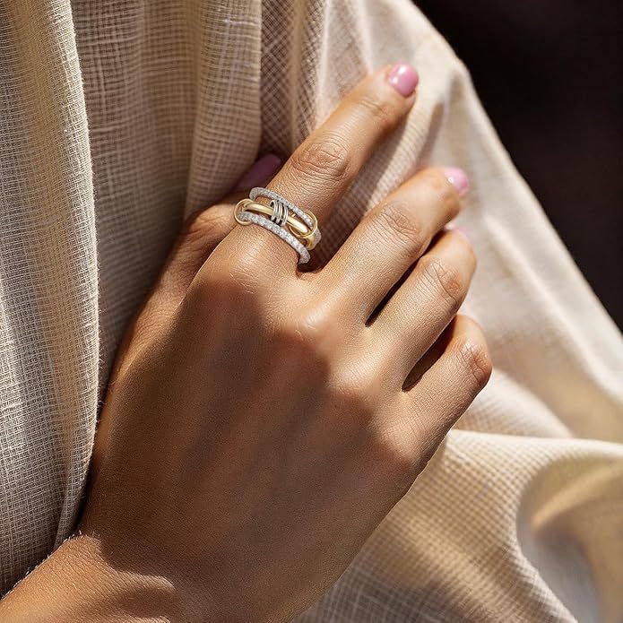 Emibele 14K Gold Plated Stackable Rings for Women, Interlocking Non Tarnish Gold Rings, Silver Dainty Cubic Zirconia Bands, Two-Toned Mixed Metal Stacking Band, Trendy Jewelry Gifts for Women