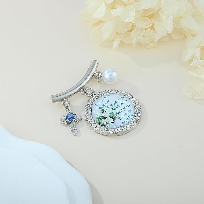 Wedding Bridal Pin, Something Blue Silver Crystal Brooch with Blue Heart Charm, Pearl Accent and Sentimental Message for Mother of Bride Gift