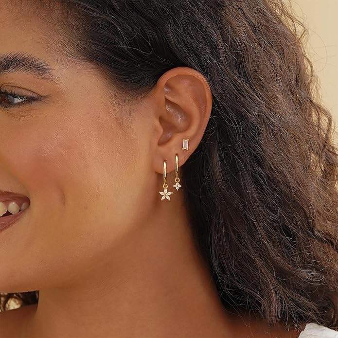 Gold Plated Earrings for Women, 14k Gold Plated Earring Stack Hypoallergenic Pearl Drop Earring Dainty Earrings for Women Trendy Cute Small Huggie Hoop Earring Fashion Womens Jewelry