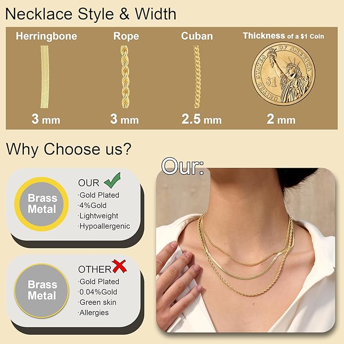Freekiss Herringbone Necklace for Women,Dainty Gold Necklace,14k Gold Plated Snake,Gold Chain Choker Necklaces,Simple Gold Layered Necklaces,Gold Jewelry Gift for Women