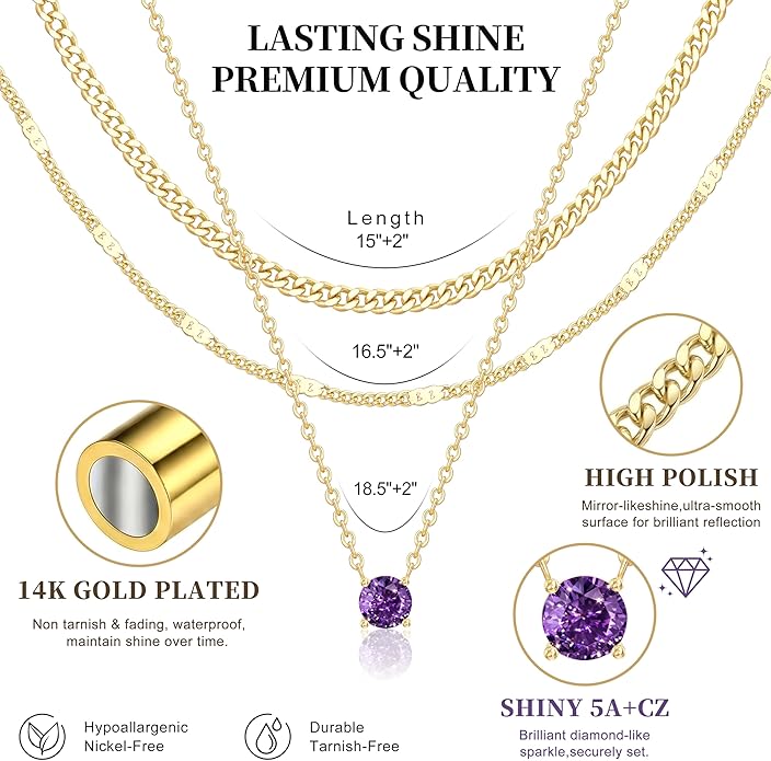 WomenGifts Layered Gold Necklaces for Women, 14K Gold Sterling Silver Plated Dainty Pendant Necklace Set with Cubic Zirconia Circle, Chunky Stackable Cuban Chain Choker, Trendy Personalized Birthstone Jewelry Gift Non Tarnish