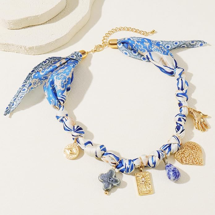 Coiris Charm Scarf Necklace for Women Boho Fabric Bandana Choker Vintage Heart Predent Beach Necklace for Women