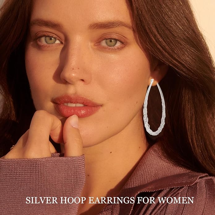 Senteria Sterling Silver Hoop Earrings - Medium, Lightweight, Thick Twist Oval Hoops