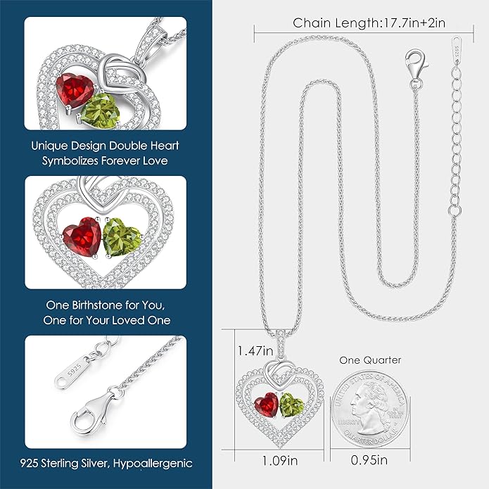LOUISA SECRET Sparkling Double Heart Birthstone Necklaces for Women, 925 Sterling Silver Fine Jewelry, Pendant Heart Necklaces Birthday Anniversary Christmas Gift for Women Wife Mom Girlfriend Lady