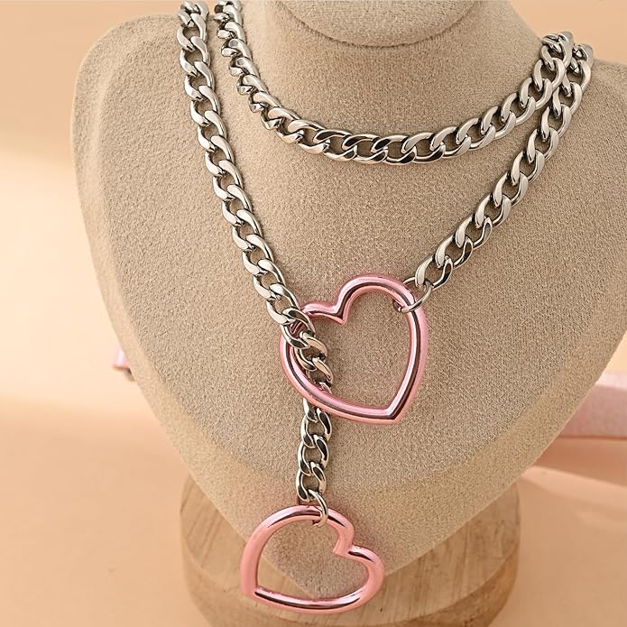 Leather Choker Slip Chain Necklace Stainless Steel Cuban Link Long Necklaces Gothic Punk Heart Chain Necklace Handmade Collars for Women