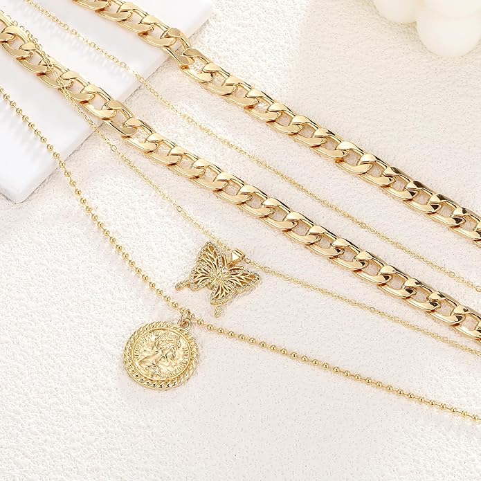 MJartoria Layered Necklaces for Women Trendy Retro Coin Pendant Necklace Dainty Chunky Chain Choker Necklaces for Jewelry Birthday Gifts