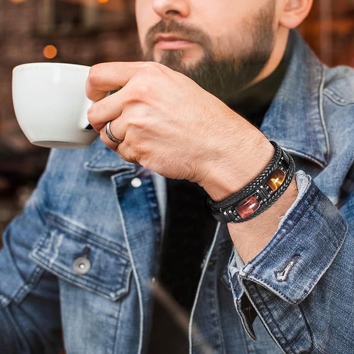 Tiger Eye Black Leather Bracelet Men Natural Tiger Eye Gemstone Crystal Stone Jewelry Handmade Courage And Stress Relief Protection Bracelet