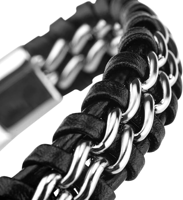 SERASAR | Premium Genuine Leather Bracelet [Steel] for Men in Black | Magnetic Stainless Steel Clasp in Black, Silver and Gold | Exclusive Jewellery Box | Great Gift Idea