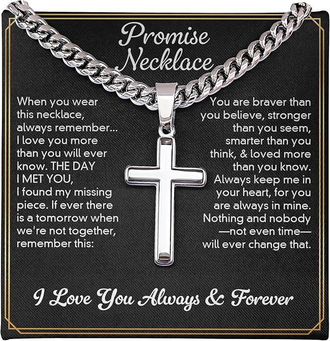 GLAVICY Promise Cross on Cuban Necklace For Him, Sentimental Gift for Husband, Boyfriend, Man with Message Card and Box, Promise Jewelry on Birthday, Valentine Day