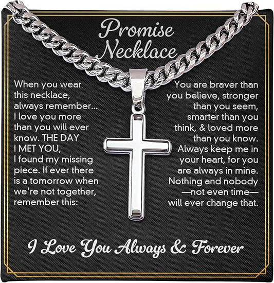 GLAVICY Promise Cross on Cuban Necklace For Him, Sentimental Gift for Husband, Boyfriend, Man with Message Card and Box, Promise Jewelry on Birthday, Valentine Day