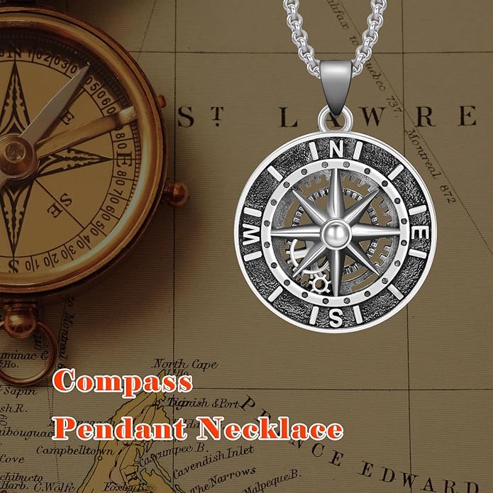 LES OSEWA Compass Necklace for Men Sterling Silver Compass Pendant Masonic Viking Necklace Travel Amulet Necklace Inspirational Graduation Jewelry Gifts for Women