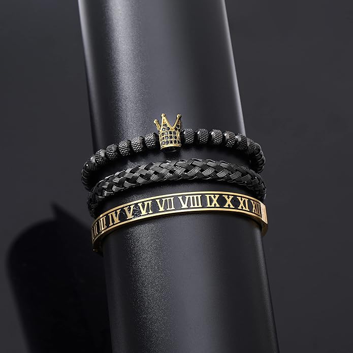 WFYOU 3PCS Stainless Steel Bracelets for Men Gold Roman Numeral Bangle Bracelet Twisted Cable Bracelet Adjustable Cuff Bracelet Mens Luxury Jewelry Bracelets Gifts