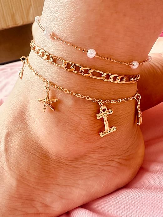 Initial Charm Anklets For Women Shell Letter Anklets Set Gold Charms Pendant Boho Summer Seashell Beach 14k Jewelry for Women Gift