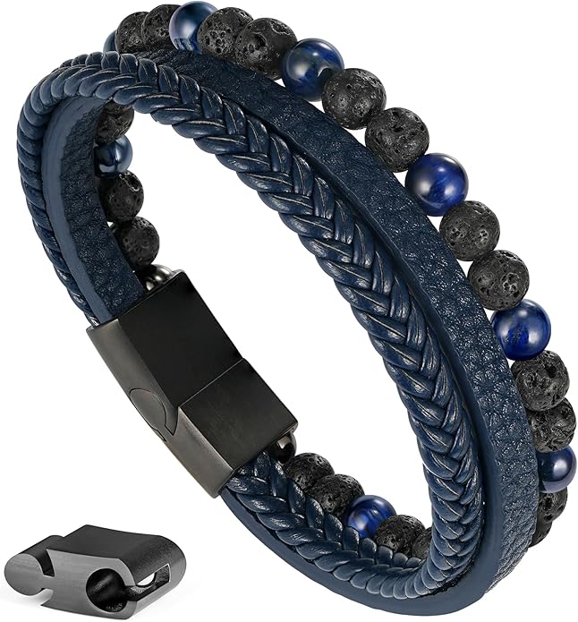 Gifts for Men - Layered Leather Beads Bracelet, Tiger Eye Lava Rock Stone Braided Leather Bracelets for Men Adjustable Magnetic Clasp Birthday Gifts