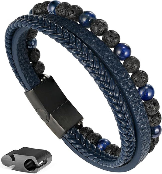 Gifts for Men - Layered Leather Beads Bracelet, Tiger Eye Lava Rock Stone Braided Leather Bracelets for Men Adjustable Magnetic Clasp Birthday Gifts