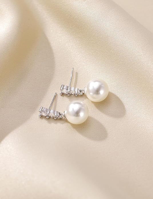 Mameloly Pearl Drop Earrings 925 Sterling Silver CZ 10MM Simulated Pearl Earrings for Women Dangle Trendy Jewelry for Women Hypoallergenic