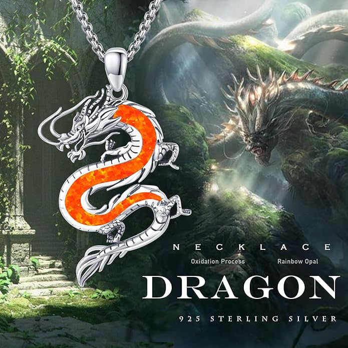 REDSUN 925 Sterling Silver Dragon Pendant Necklace Viking Dragon with Obsidian/Opal Protection Jewelry Gifts for Men Women Her Him Birthday Valentines Day Gifts