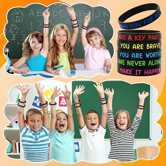 JUNEBRUSHS 64pcs Motivational Silicone Bracelets Bulk Black Colored Inspirational Rubber Wristbands for Student Teacher Back To School Gifts Classroom Reward Birthday Party Favor (16 Designs)