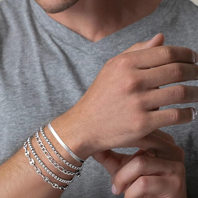 Yoosteel Mens Bracelets - Silver Chain Bracelet Stainless Steel Cuban Link Stack Bracelets Sturdy Rope Paperclip Chains Set 7.5/8.3/9 inches Trendy Jewelry for Men