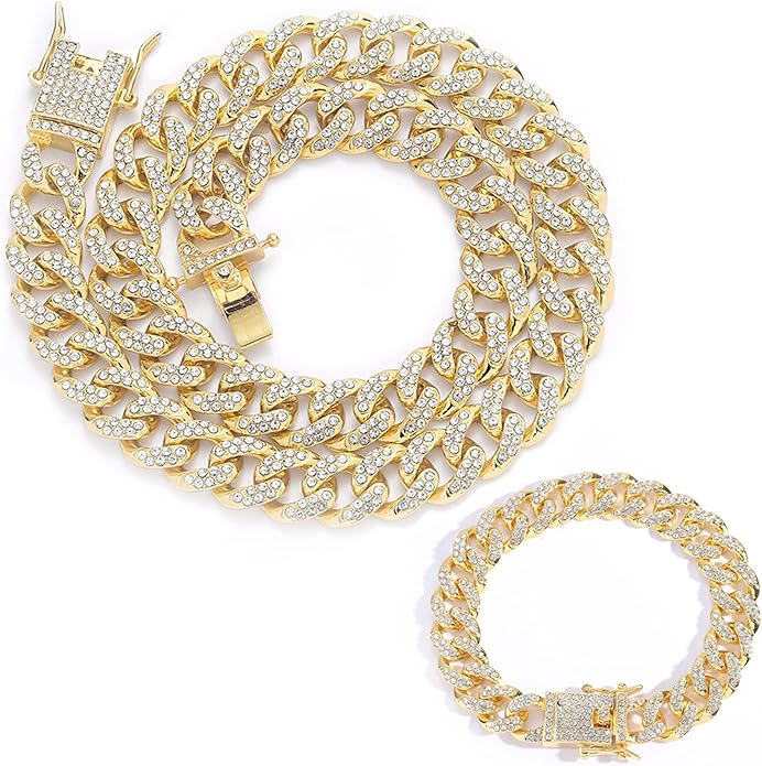 EMESLY Miami Cuban Link Chain 14K Gold Plated Necklace (16, 18, 20, 22, 24, 30 Inches Length); Hip Hop Bracelet (8" Length) for Men & Women; Perfect Iced Out Bling Jewelry Gift