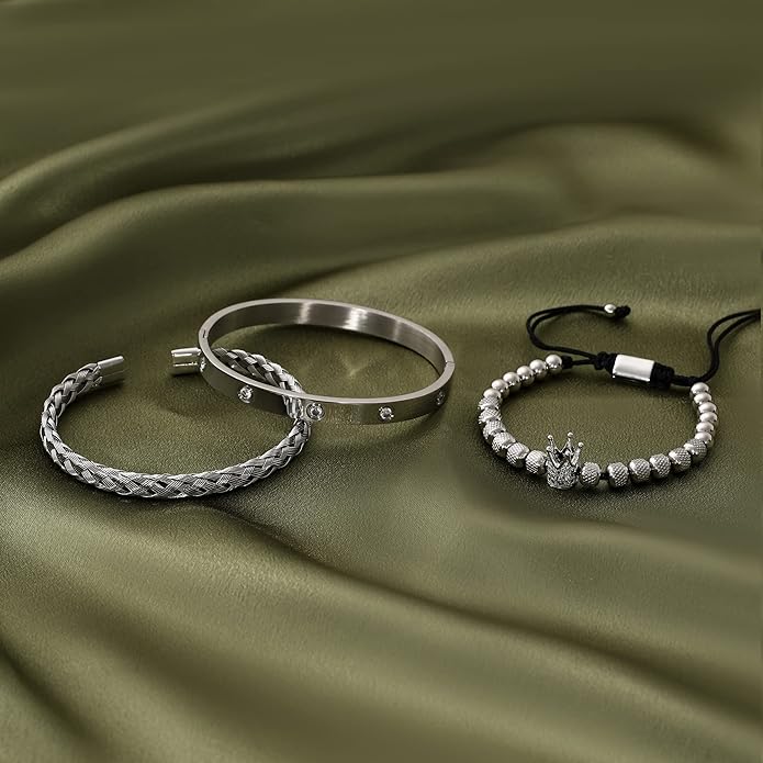 WFYOU 3PCS Stainless Steel Bracelets for Men Gold Roman Numeral Bangle Bracelet Twisted Cable Bracelet Adjustable Cuff Bracelet Mens Luxury Jewelry Bracelets Gifts