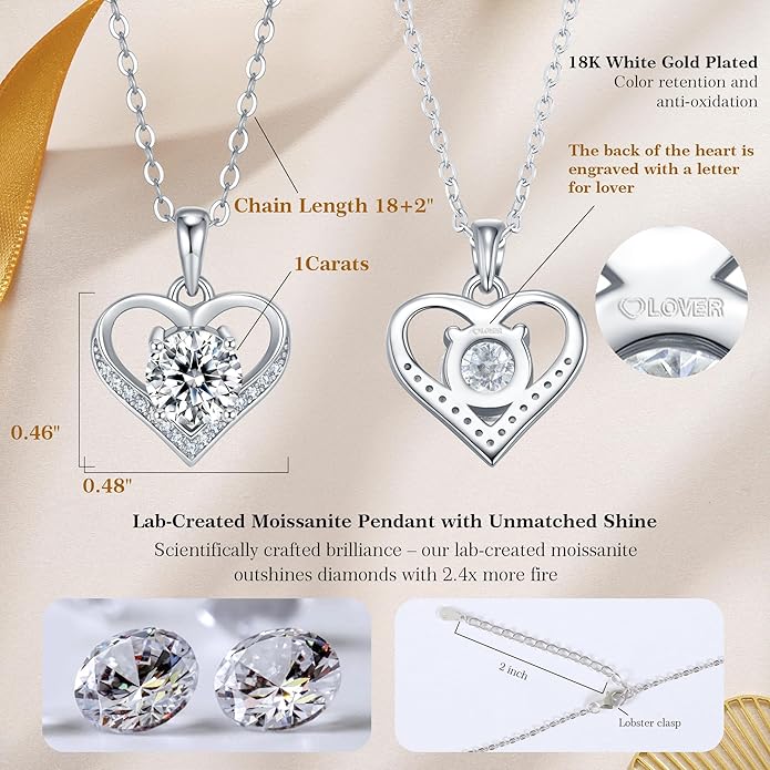1CT Heart Brilliant Moissanite Heart Pendant Necklace D Color VVS1 S925 18K White Gold Plated for Mother Love Friend Mother’s Day Birthday Gift for Her 18inch