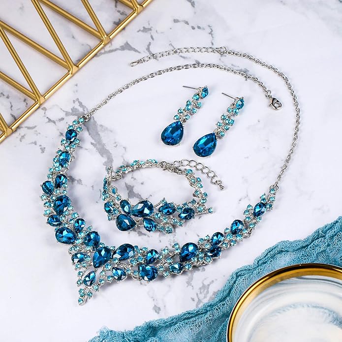 BriLove Wedding Bridal Jewelery for Women Austrian Crystal Teardrop Cluster Statement Necklace Dangle Earrings Link Bracelet Set