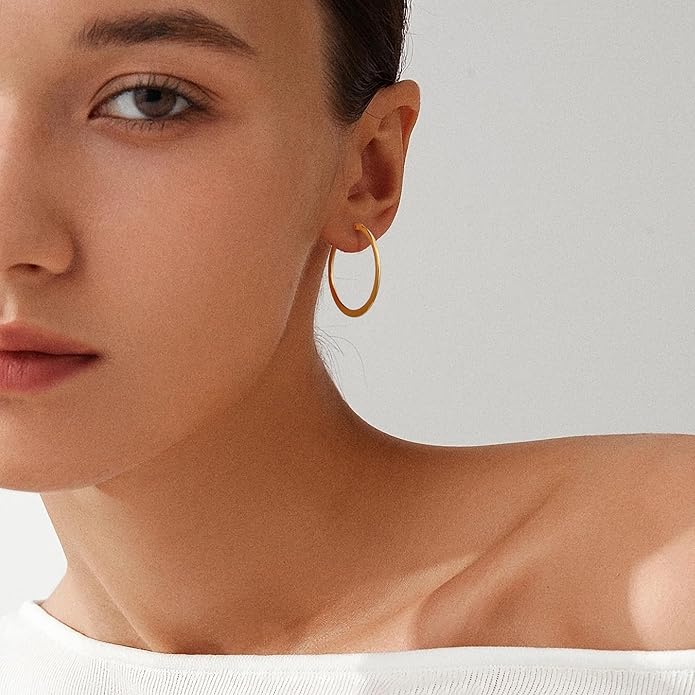 Gacimy Flattened 14K Gold Plated Hoop Earrings for Women, 14K Real Gold Plated Hoops with 925 Sterling Silver Post,Hypoallergenic Lightweight Earring