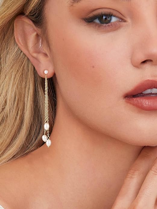 Moodear Dainty Pearl Dangle Earrings for Women - Trendy 14K Gold Plated Pearl Hypoallergenic Drop Earring Wedding Jewelry Gift