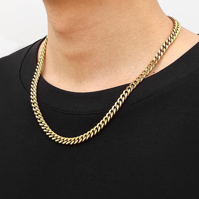 Fiusem Valentines Day Gifts for Him Silver Tone/Black/14K Gold Plated Chain Necklace for Men, 5mm/6mm/7.5mm/8mm/9mm Stainless Steel Cuban Link Chain Necklace, Men's Chains 18-28 Inch Jewelry Gifts