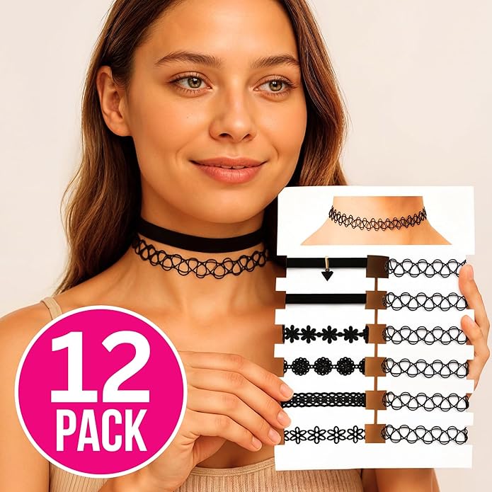 BodyJ4You 12PC Tattoo Choker Necklace - 90s Accessories 2000s Jewelry Y2K Fashion Vintage Trendy - Rainbow Goth Black Pink Green Blue White - Adjustable Stretchy Elastic Necklace Summer Vacation Set