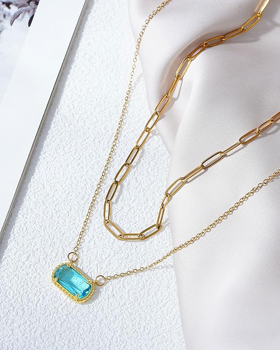 Lourny Gemstone Birthstone Pendant Layered Necklace for Women Trendy, 18K Gold Plated Paperclip Chain Preppy Choker Charm Necklace for Women Wife Jewelry