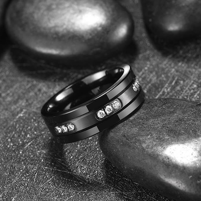 King Will Mens Tungsten Wedding Band with Cubic Zircon Inlay 7mm/8mm Flat Cut Comfort Fit Engagement Rings
