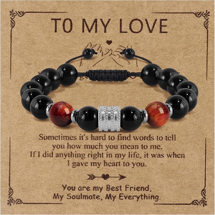 Hamoery Bracelets for Men Natural Tiger Eye Stone Beads Braided Rope Bracelet Gift for Dad Husband