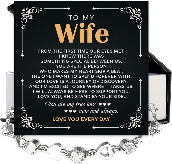 To My Wife Crystal Heart Bracelet Gift From Husband, Beautiful Wife Jewelry For Anniversary, Birthday, Christmas, Valentine’s Day, Bracelet For Her With Heartfelt Message & Elegant Box