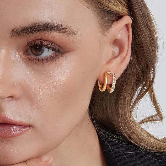Gold Huggie Hoop Earrings 14K Gold Plated Dainty Chunky Thick Hoop Diamond Cubic Zriconia Inlay Sleeper Tiny Delicate Boho Beach Simple Hypoallergenic Jewelry Gift for Her