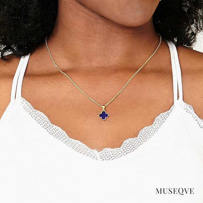 MUSEQVE Four Leaf Clover Necklace for Women Dainty Mother of Pearl White Black Onyx Pink Blue Mint Green Crystal Lucky Clover Pendant 14K Gold Plated Jewelry Gifts [CVRN]