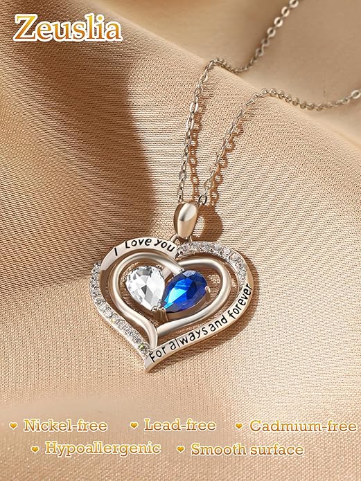 Zeuslia Double Birthstone Necklace Gifts for Wife - 925 Sterling Silver Sunflower/Rose/Crown Cross/Compass/Heart Pendant I Love You Necklace, Anniversary Birthday Gifts for Wife Girlfriend Mom Her